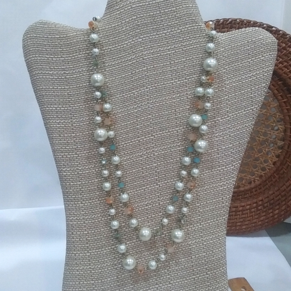 Double Strand Beaded Faux Pearl Chain Necklace with Pastel Beads